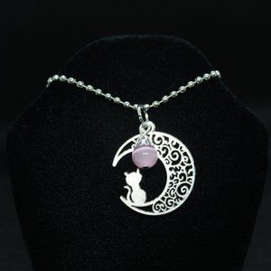 Pink Moon Cat Necklace Crystal Witch Witchy Jewelry